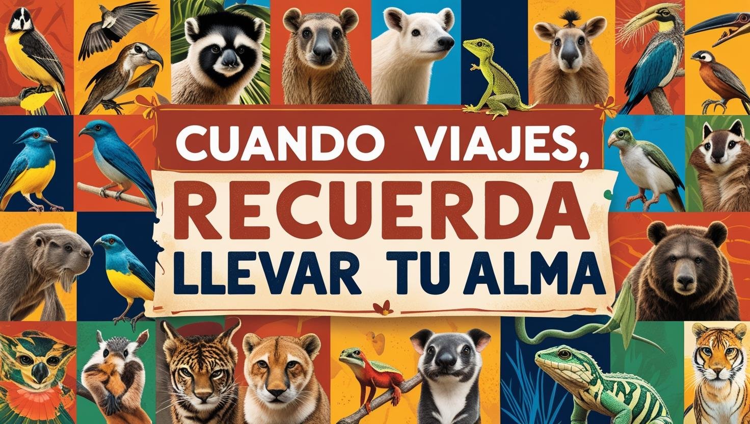 _Please translate the following text into English_ 'Give me a banner in Spanish, with the text filled by animal images, that says_ When you go on a trip, remember to bring your soul.'_